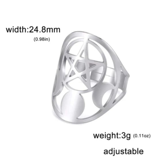 🔮 2 for $40 🔮 Witchy Pentagram Moon Phase Stainless Steel Adjustable Ring - Picture 4 of 6